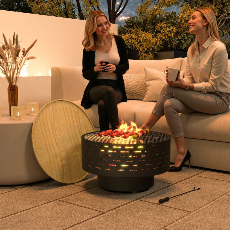 3-in-1 Fire Pit Φ23.8" x 15.4" Stainless Steel Outdoor Fire Bowl with Wood-Effect Fire Basket