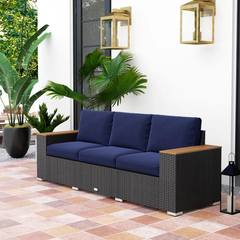 3-Seater Outdoor Sofa Couch, PE Wicker Patio Sofa with Cushions, Wood Grain Armrests, Dark Blue