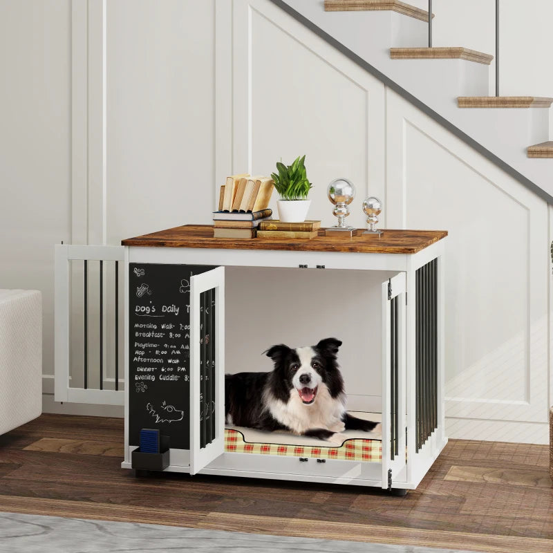 39" Dog Crate Furniture Side End Table for Large Dogs w/ Blackboard, Three Doors, White