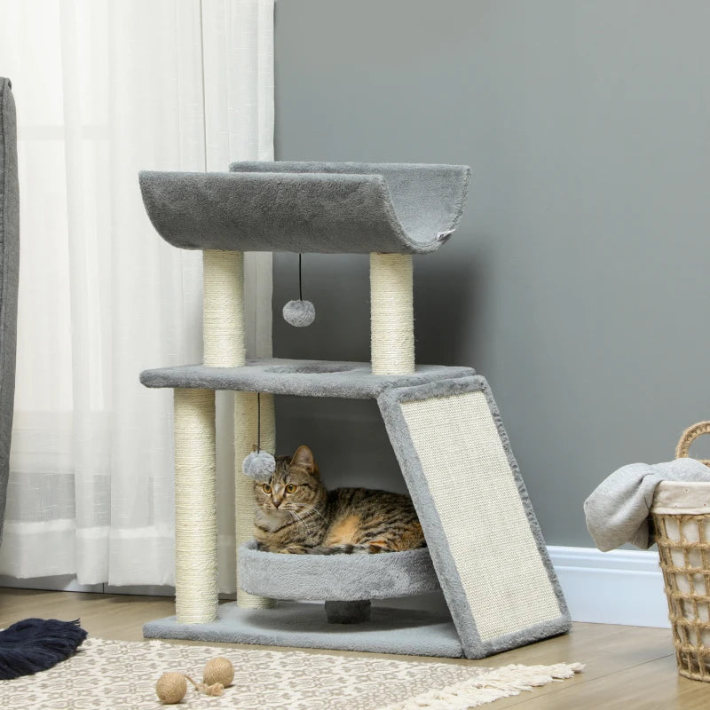 Small Cat Tree with Perch, Scratching Posts, Pad, Bed, Toy Balls, Light Grey