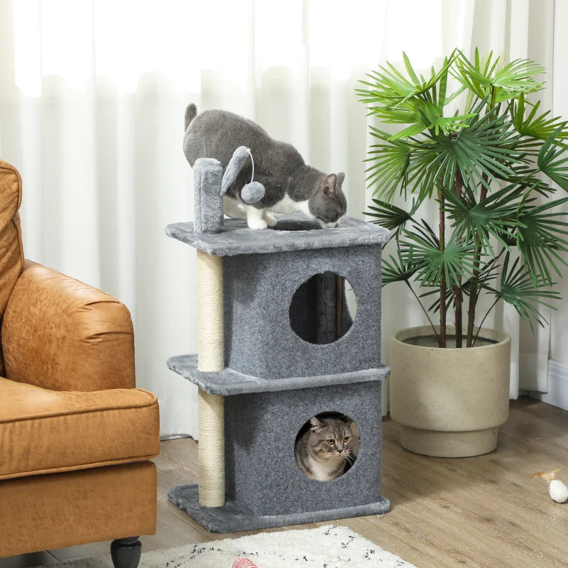 31.5" Cat Tree, Multi-Level Cat Tower with 2 Condos and Soft Plush Perches for 1-2 Cats, Grey