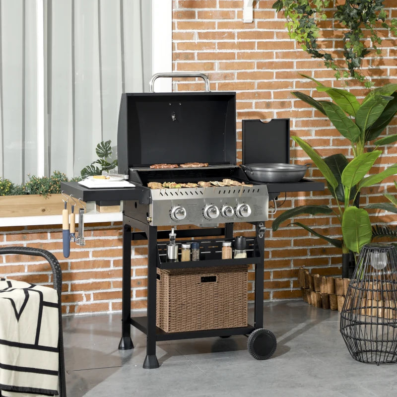 38,000 BTU Propane Gas Grill BBQ Cart with 3 Main Burners, 1 Side Burner, with Warming Rack, Side Prep Tables, Black