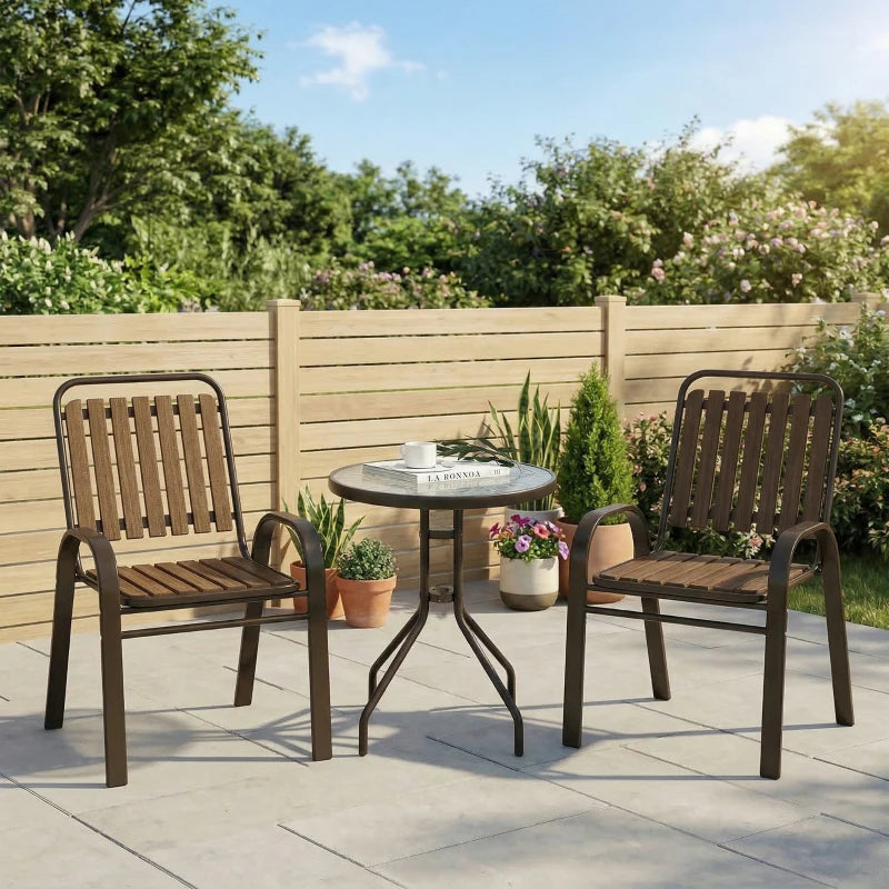 3 Pieces Patio Bistro Set, 2 Stackable Chairs with Tempered Glass Table, for Outdoor, Garden Backyard Porch, Dark Brown