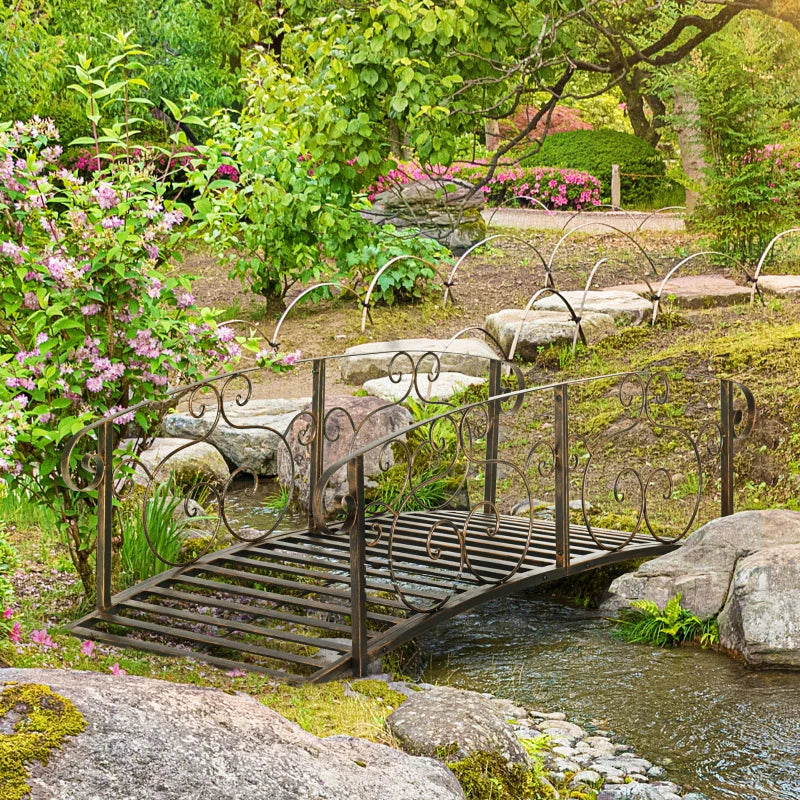 6FT Steel Garden Bridge with Safety Siderails, Decorative Arc Landscaping Bridge for Backyard Creek Stream Pond, Brown