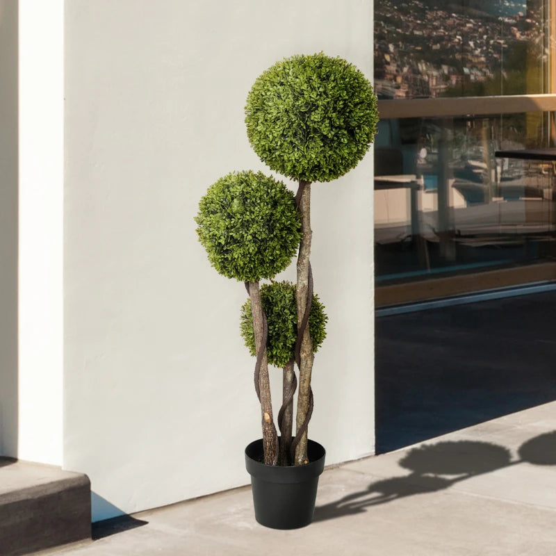 45 Inch Potted Fake Plant, Artificial Boxwood Topiary Tree, Triple Ball Tree for Indoor and Outdoor, Green
