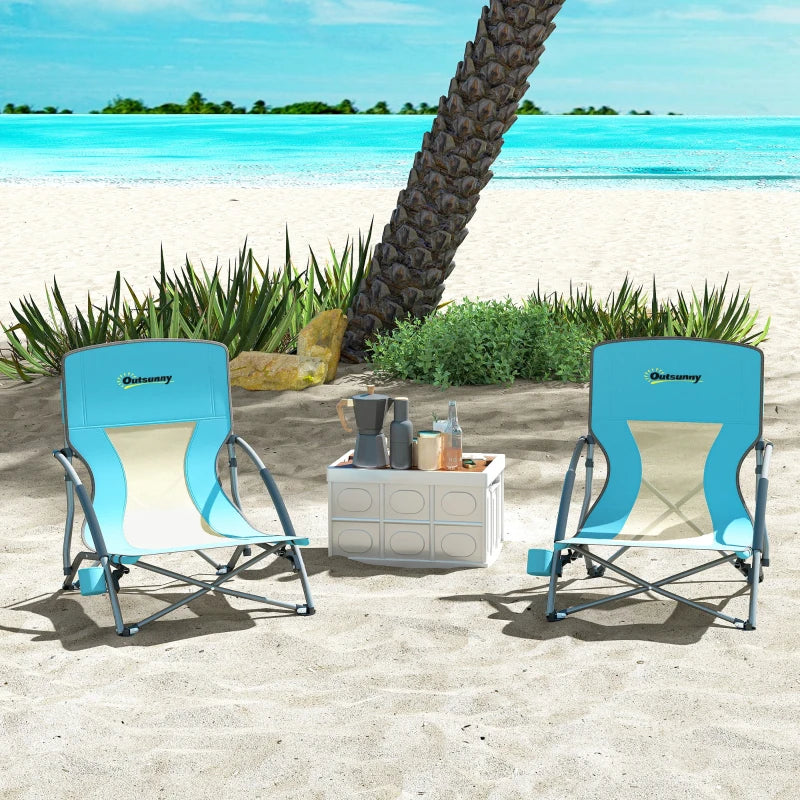 Set of 2 Folding Beach Chairs with Mesh Back, Carry Bag and Cup Holder for Outdoor Camping Lawn, 22.8" x 21.7" x 24.4"