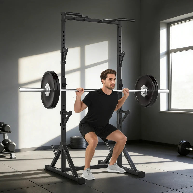 Soozier Adjustable Squat Rack, Multi-Function Bench Press Rack with Weight Plate Holders and Pull up Bar, Black