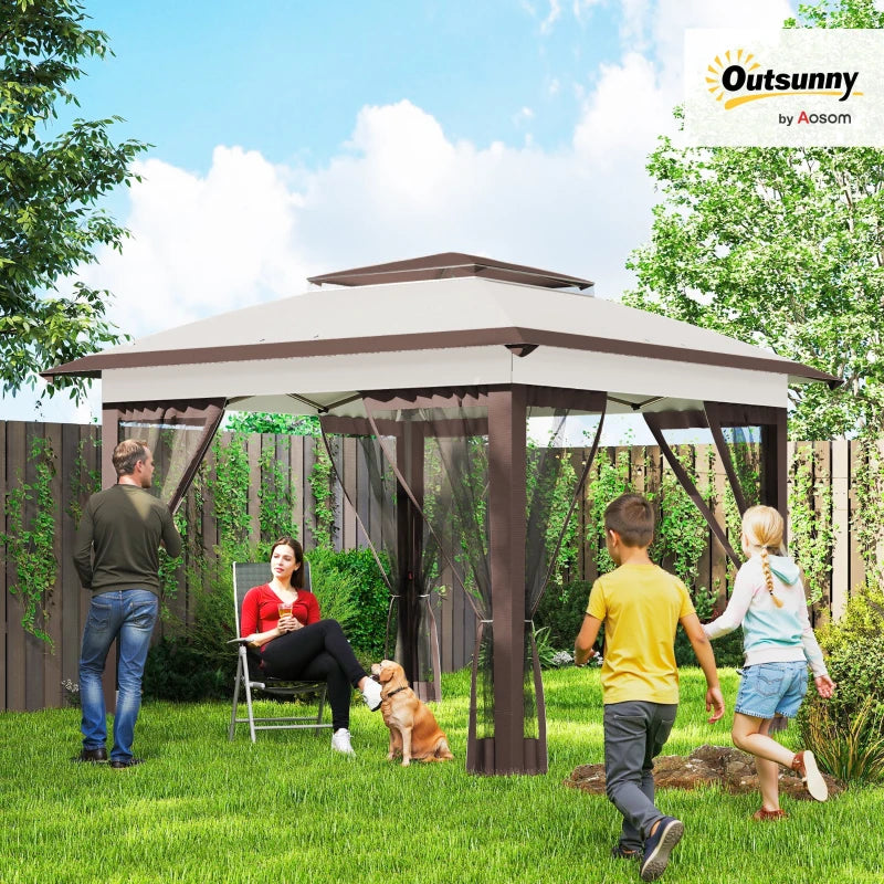 12' x 12' Pop Up Canopy Sun Shade Instant Tent Folding with Mesh Sidewalls, Beige and Dark Brown