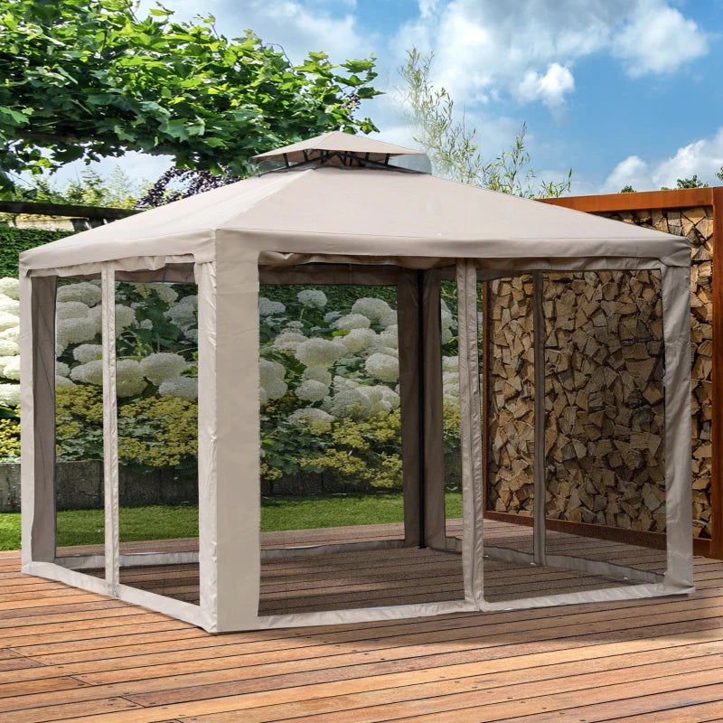 10' x 10' Patio Gazebo Outdoor Pavilion 2 Tire Roof Canopy Shelter Garden Event Party Tent Steel Frame, Brown