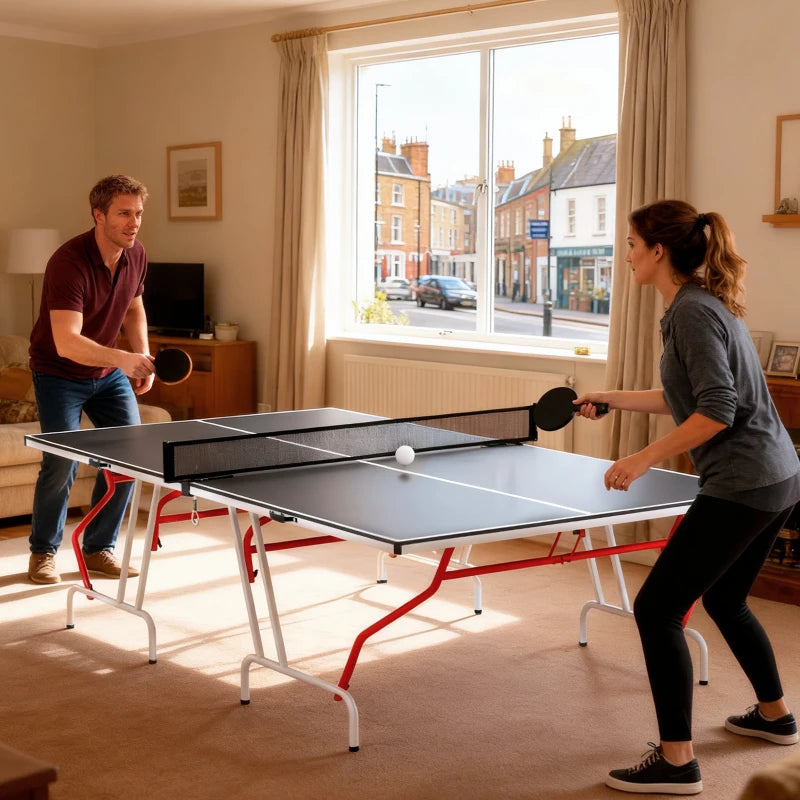 Soozier 9' x 5' Full Size Table Tennis Table, Folding Ping Pong Table with Paddles and Balls, Dark Grey