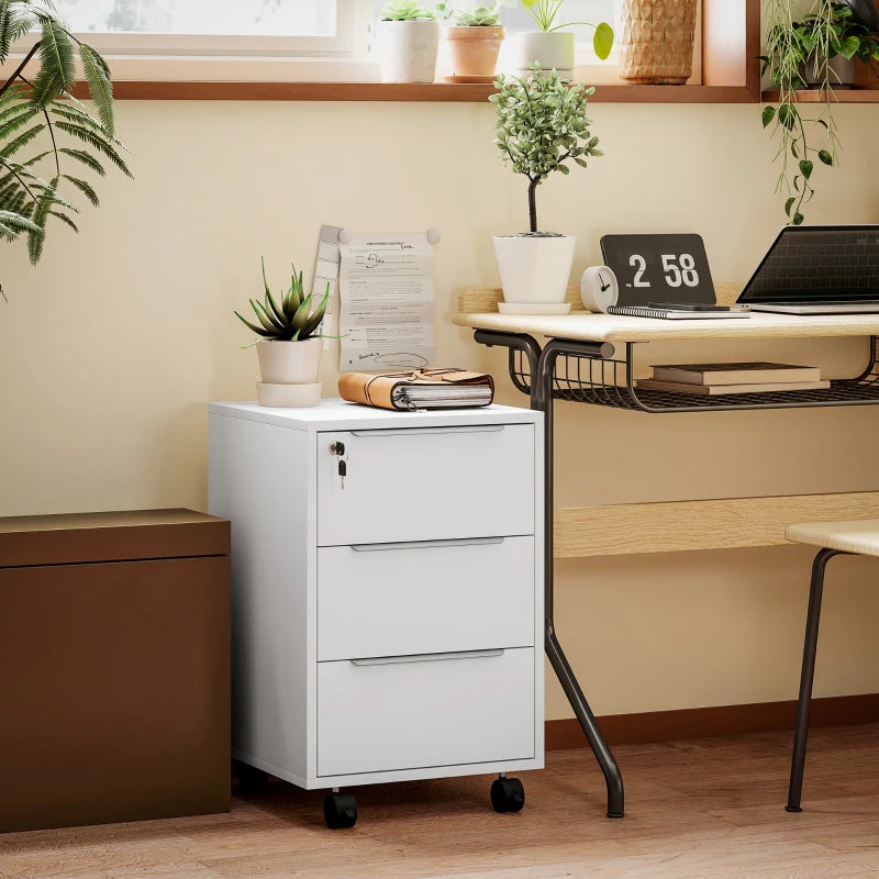 3-Drawer File Cabinet with Wheels, Vertical Filing Cabinet with Lock, White