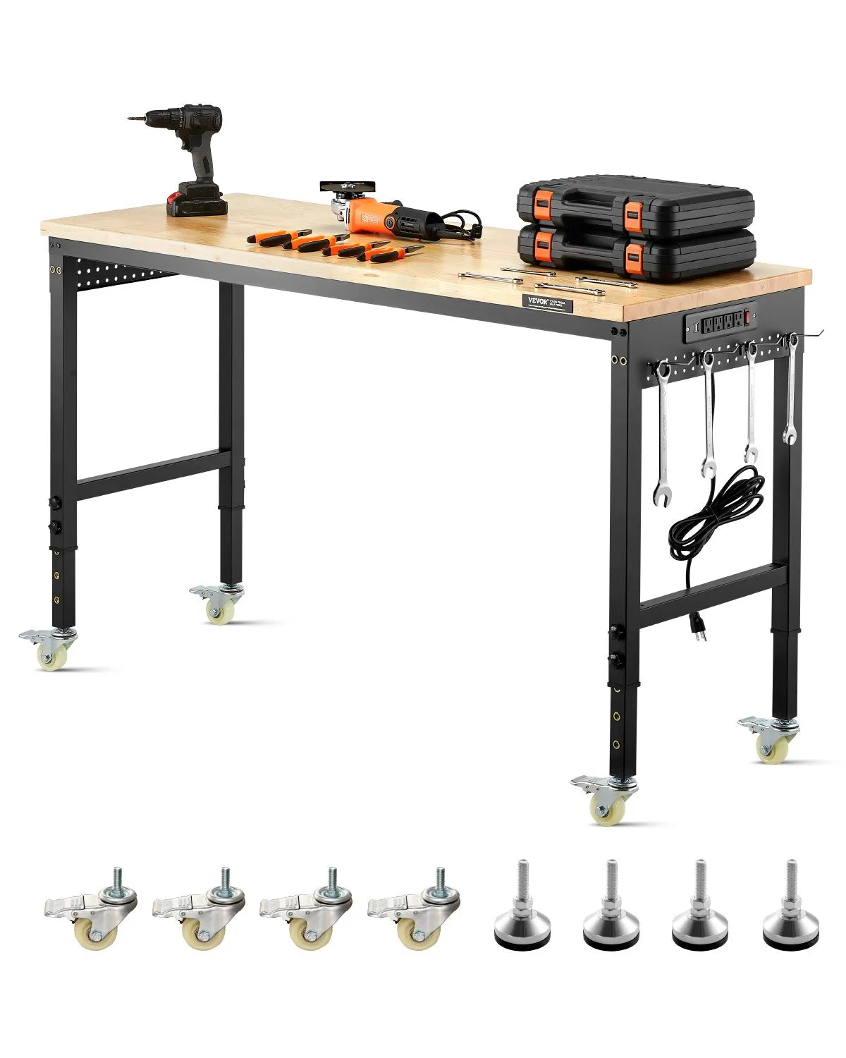 VEVOR 60" Workbench on Wheels Adjustable Height Table with Power Outlet & Pegboard