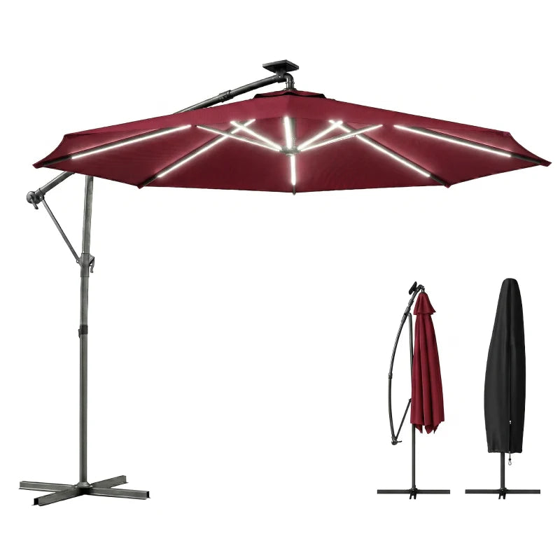 10 ft Offset Patio Umbrella with Solar Light, Garden Hanging Parasol with 360° Rotation, Tilt, Cover, Wine Red