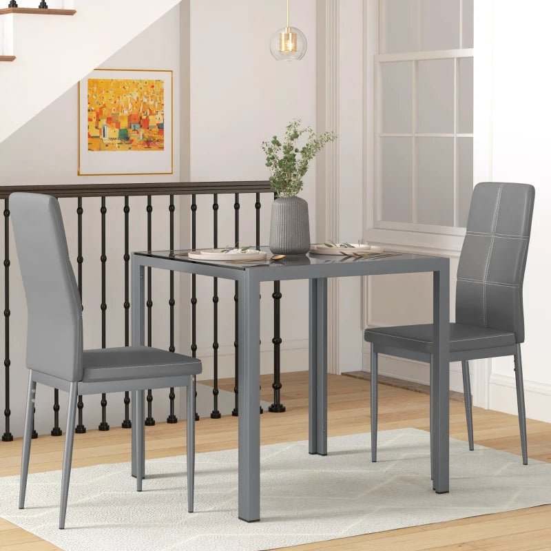 3-Piece Rectangular Glass Kitchen Table and Chairs with Metal Frame and Faux Leather Upholstery for Dining Room, Grey