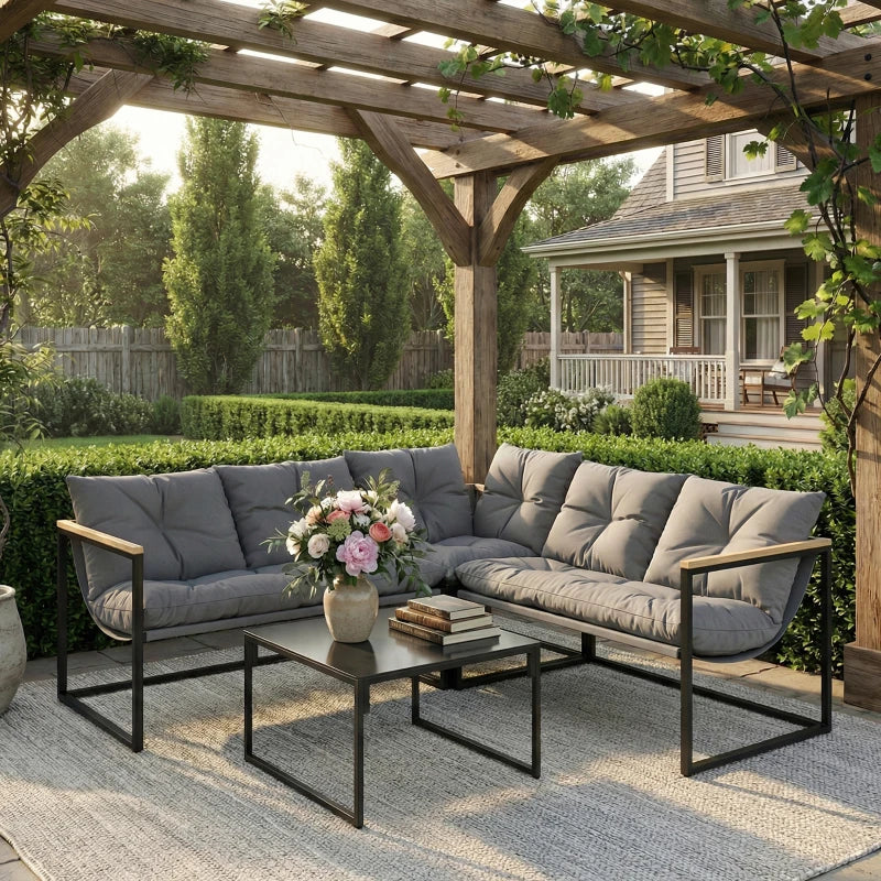 4 Piece Patio Furniture Set with Thick Cushions and Coffee Table, Patio Conversation Set for Porch, Balcony, Deck, Grey