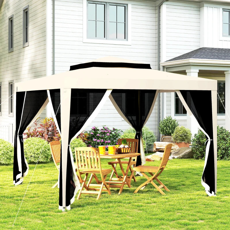 10' x 10' Outdoor Canopy Tent Party Tent with Mesh Netting and Double Tier Roof for Backyard, Garden, Patio, Beige