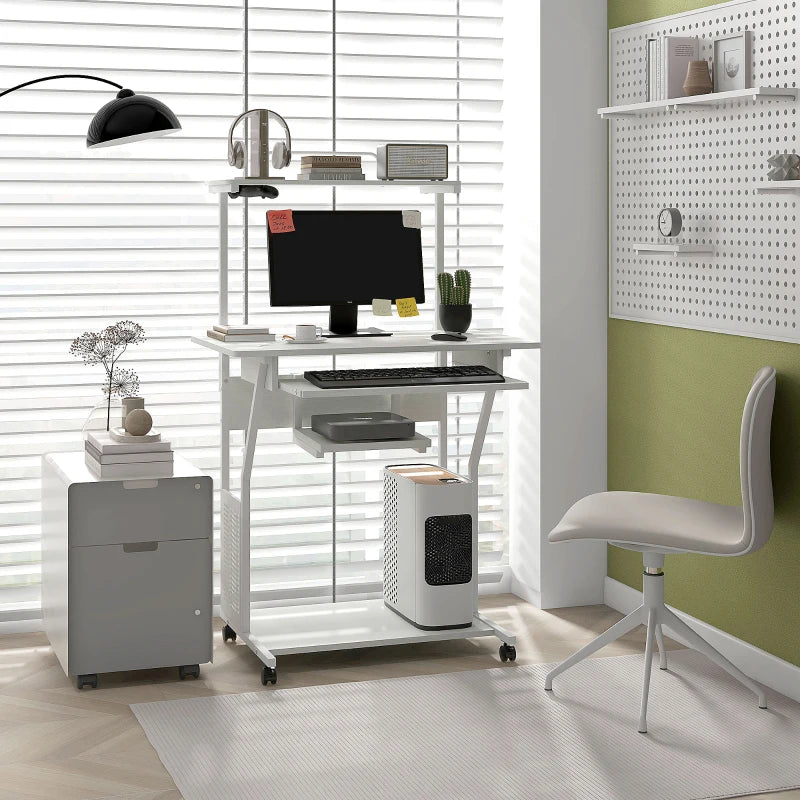 32" Mobile Computer Table, Rolling Study Desk for Home Office with Keyboard Tray, Storage Shelves, Wheels, White