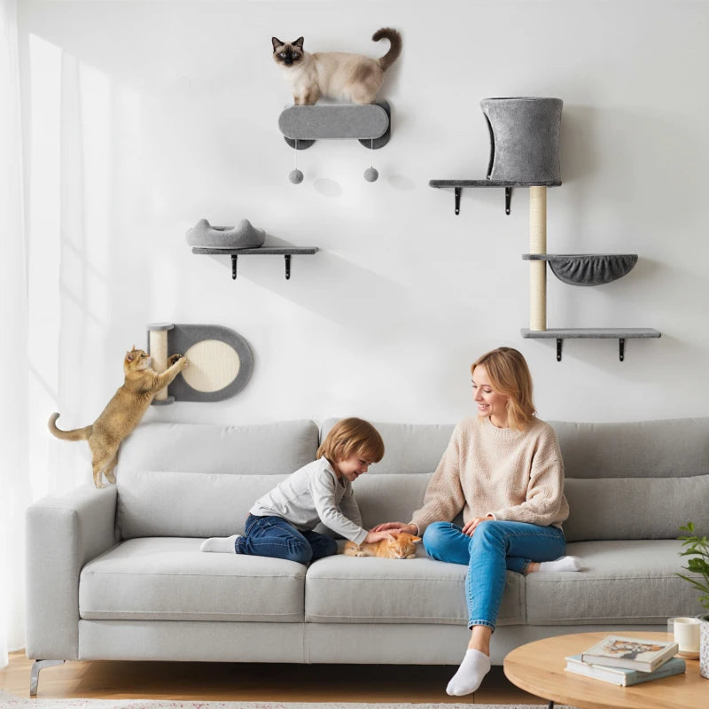 4Pcs Cat Wall Shelves with Scratching Post & Pad, Condo, Hammock, Bed, Step, Hanging Pompoms, Perches