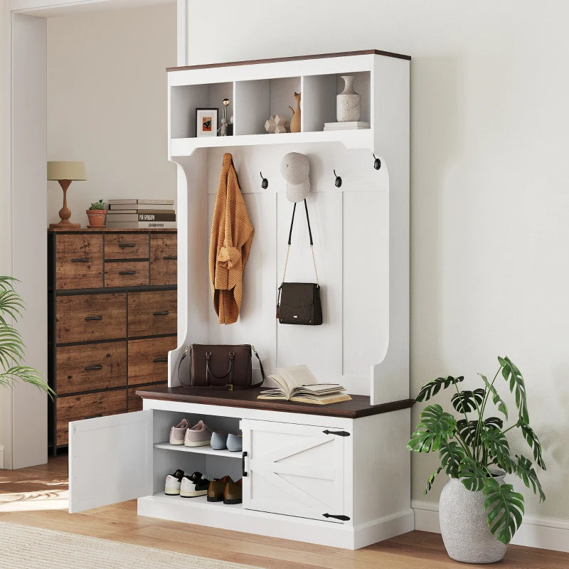 3-in-1 Hall Tree with Bench, Coat Rack with Shoe Storage, White Wood Grain