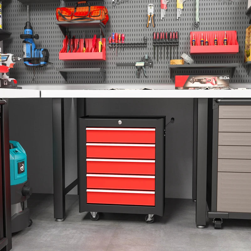 5 Drawer Roller Tool Chest, Lockable Toolbox, Storage Organizer with Handle for Workshop Mechanics Garage, Black and Red