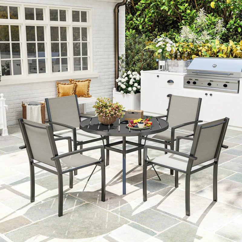 5 Piece Outdoor Dining Set with Round Table and 4 Stackable Chairs, for Backyard, Lawn, Deck, Balcony, Pool Side