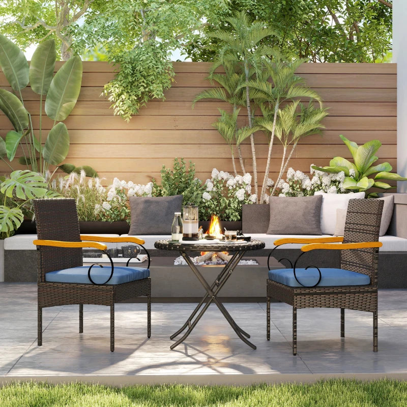 Set of 2 Rattan Outdoor Dining Chairs, Wicker Patio Chairs with Removable Cushion, Acacia Wood Armrests, Navy Blue