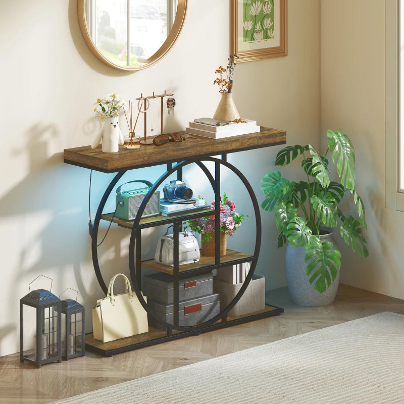 4-Tier Entryway Table with Charging Station LED Lights 39" Console Table with Circle Base for Living Room, Rustic Brown