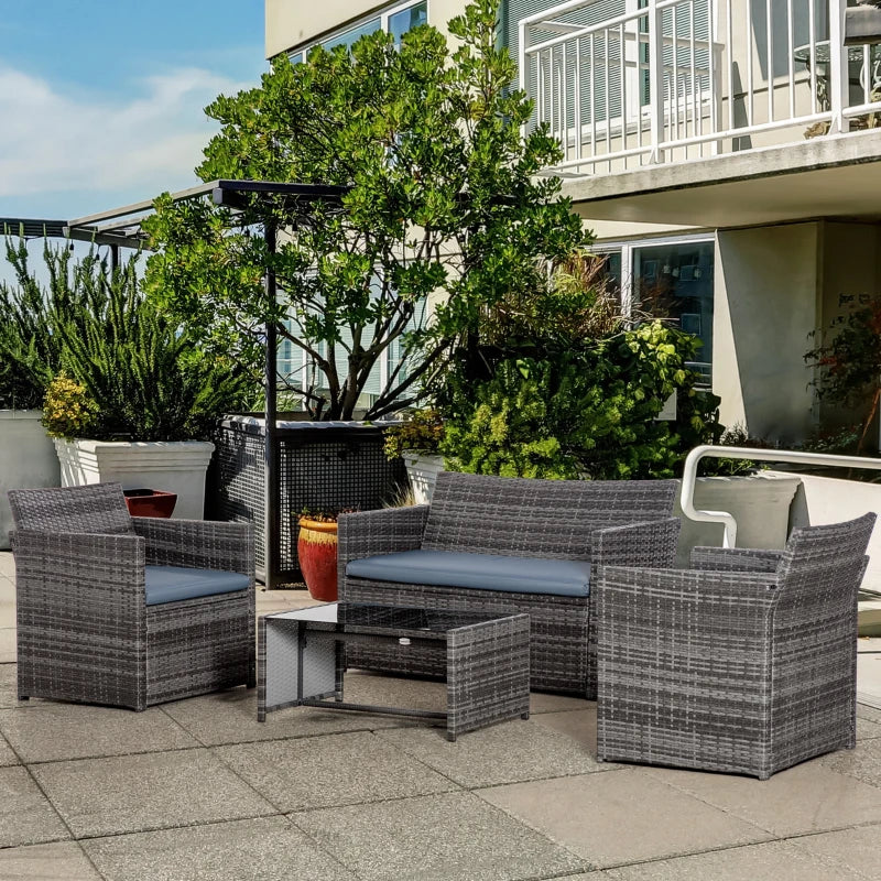 4 Pieces Patio Furniture Set with Cushions, Outdoor PE Rattan Wicker Conversation Garden Sofa Set with 2-Seater Chairs & Glass Coffee Table, Grey