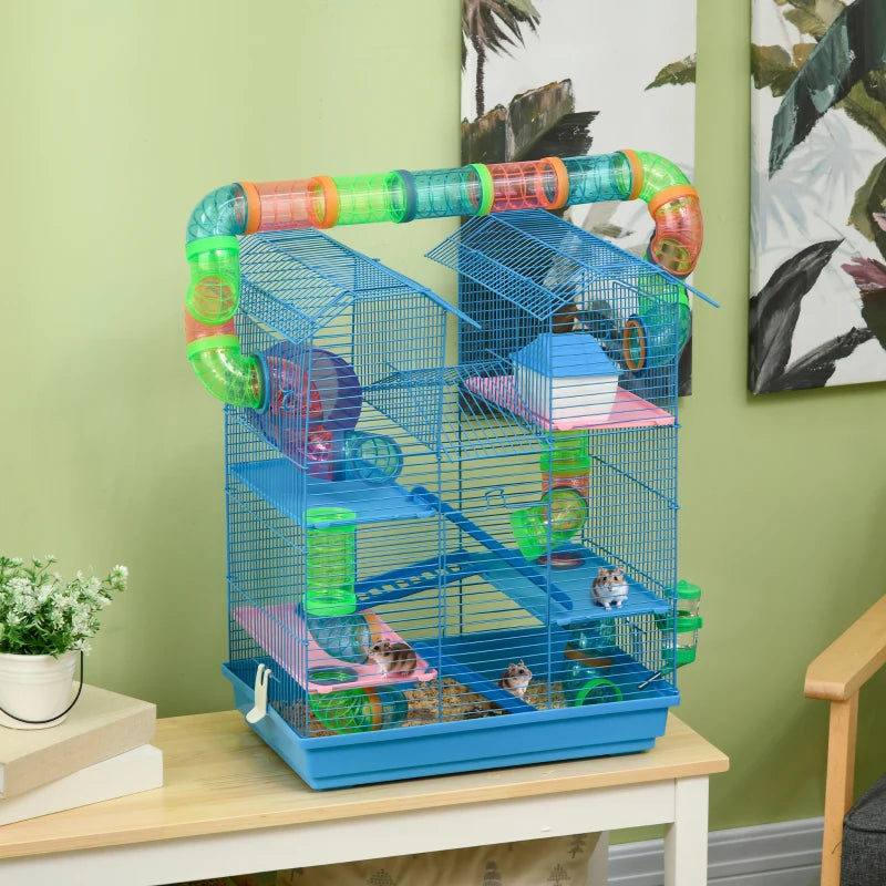 18.5" Hamster Cage, 5 Tiers Small Animal House with Tunnel Tube System, Exercise Wheel, Water Bottle, Blue