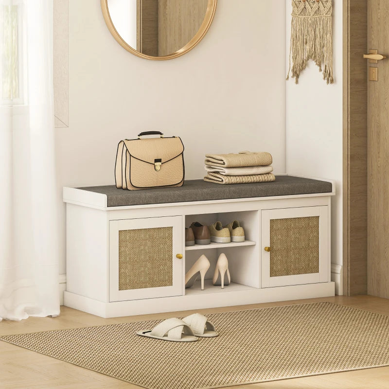 Shoe Bench with Padded Cushion, Boho Entryway Bench with Rattan Doors and Adjustable Shelves, Holds 9 Pairs, White
