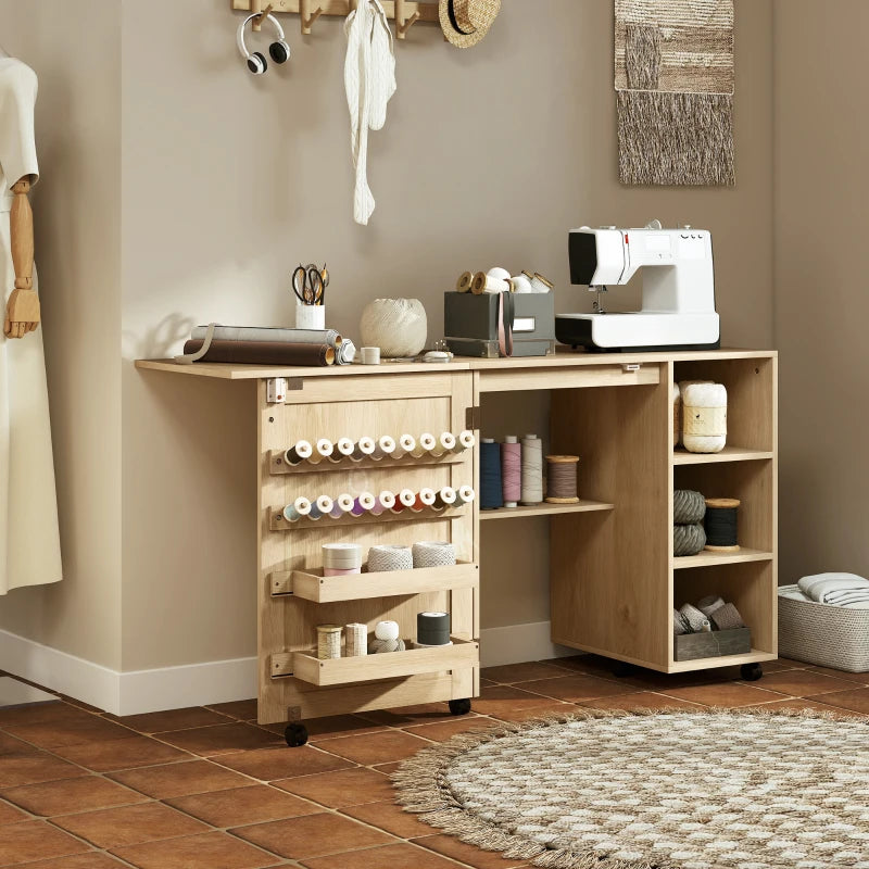 Sewing Machine Table with Drop Leaf, Folding Craft Table Rattan Door and Storage Shelves for Small Spaces, Natural