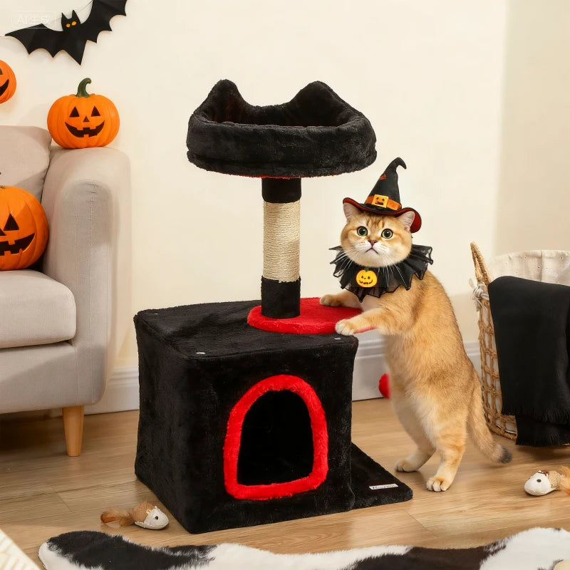 28" Gothic Cat Tree Tower with Plush Top Bed, Cozy Condo, Sisal Scratching Post, Perch, Dangling Ball, Red & Black