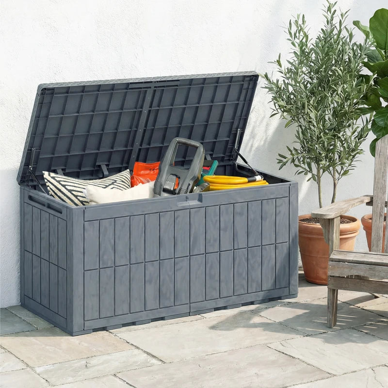 100 Gallon Resin Deck Box, Waterproof Lockable Outdoor Storage Box with Pneumatic Gas Rods, Side Handles