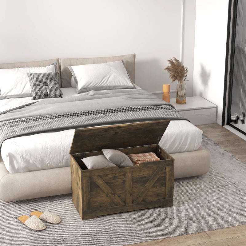 31.5 Inches Storage Chest, Storage Trunk with 2 Safety Hinges for Living Room, Brown Wood Grain