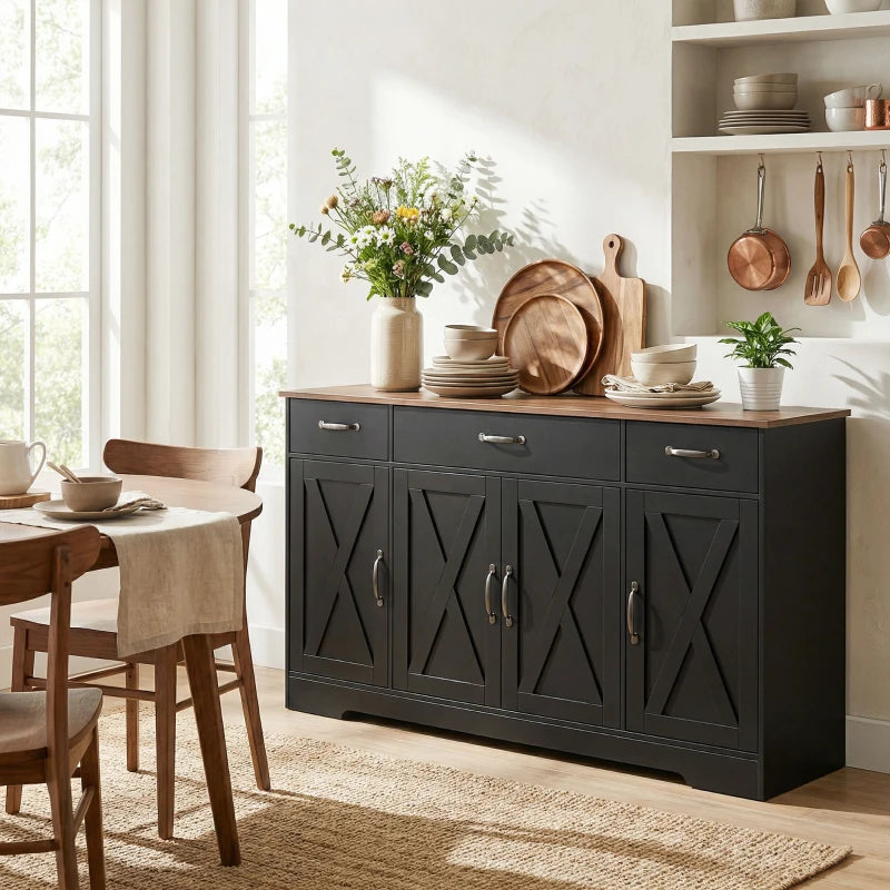 Sideboard Buffet Cabinet, 55" Farmhouse Kitchen Cabinet with 4 Barn Doors, 3 Drawers, 3 Adjustable Shelves, Black