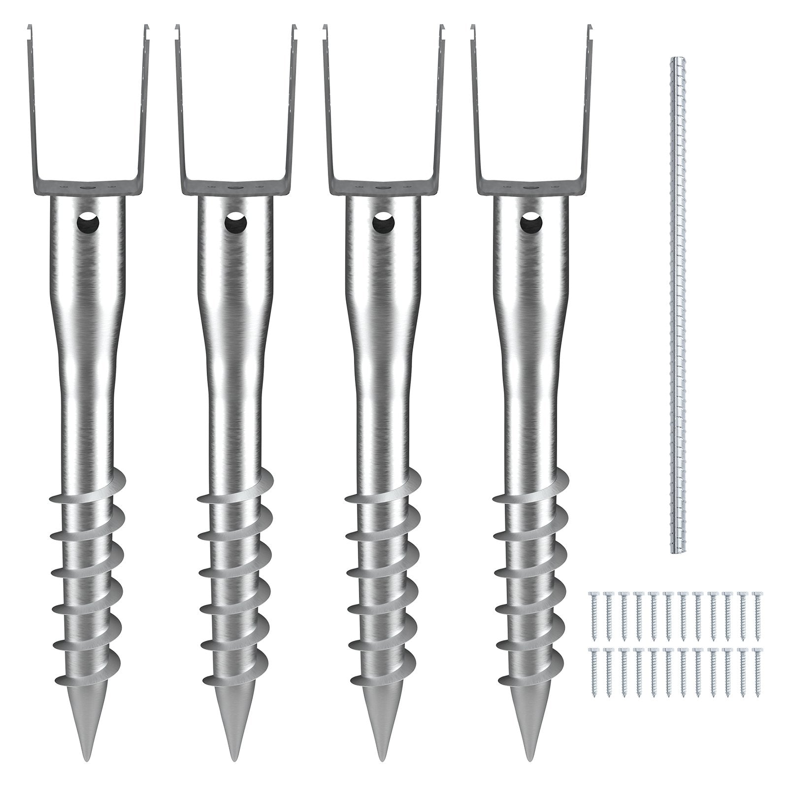 VEVOR No Dig Ground Anchor, 4 Pack 3.94 x 2.76 x 27.56 in DIY Screw in Post Stake, Includes 6 Lag Bolts & a Rebar, U-Shape Heavy Duty Steel Post Holder, Great for Mailbox Posts and Fence Posts