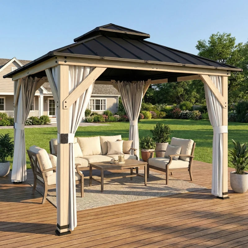 10' x 10' Outdoor Hardtop Gazebo with Double Steel Roof, Wood Patio Gazebo with Curtains, Hook, Light Grey