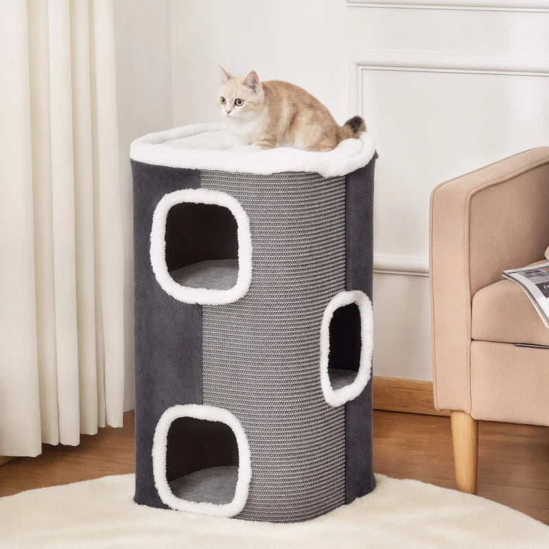 4-Story Cat House for Indoor, Cat Condo with Sisal Scratching Surface, Removable Cushion, 16" x 16" x 29", Grey