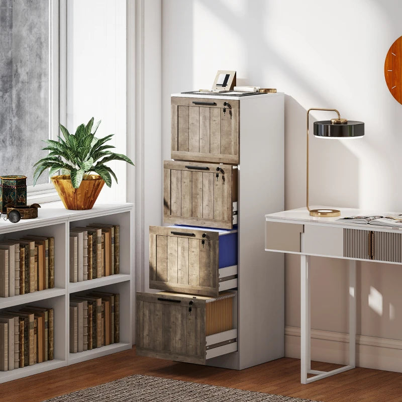 4 Drawer Filing Cabinet, Farmhouse File Cabinet with Lock, Adjustable Hanging Rails for A4 Letter Size Files, White