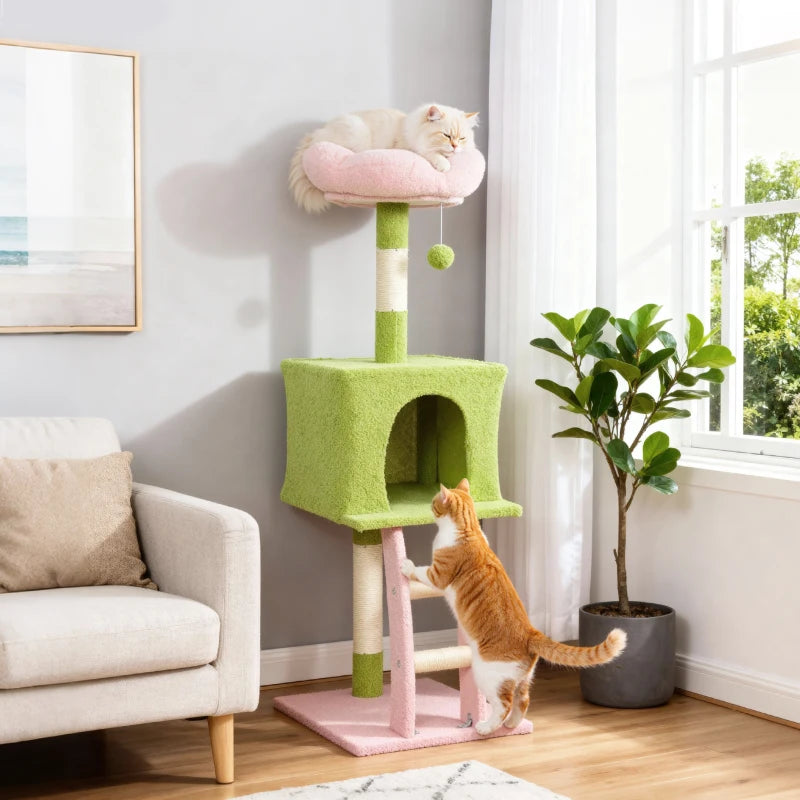 48" Flower Cat Tree with Scratching Post, Cozy Bed, Condo, Climbing Ladder, Perch, Dangling Ball, Green
