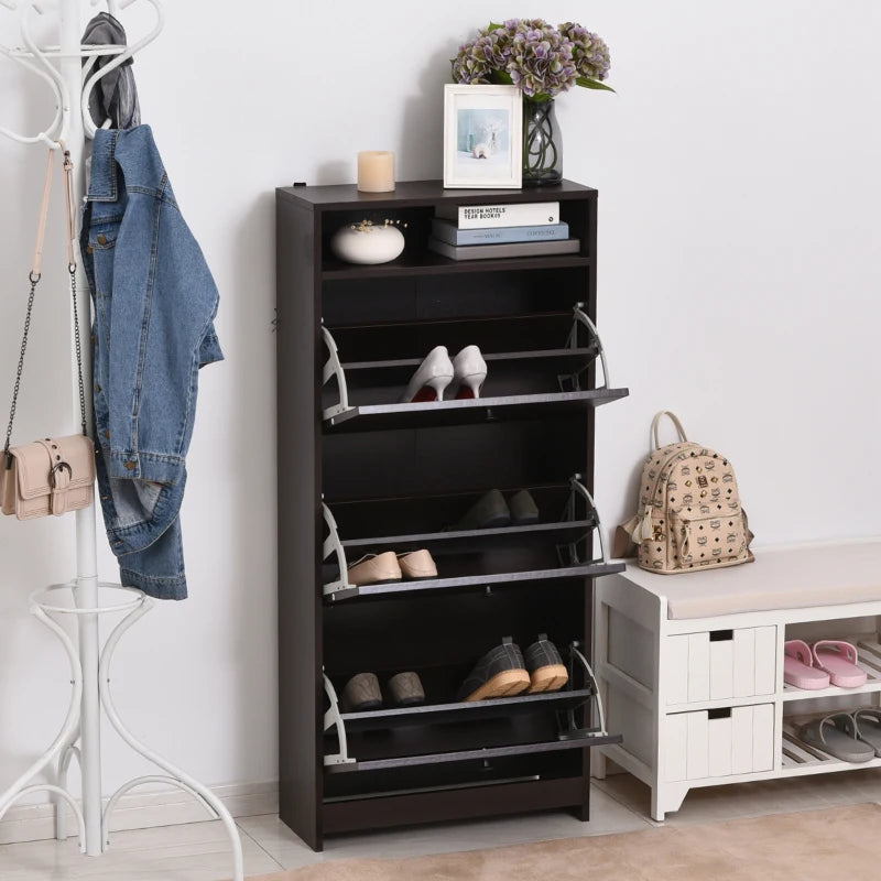 Slim Shoe Storage with 3 Flip Drawers and Adjustable Shelves Shoe Cabinet Organizer for 9 Pair, Coffee
