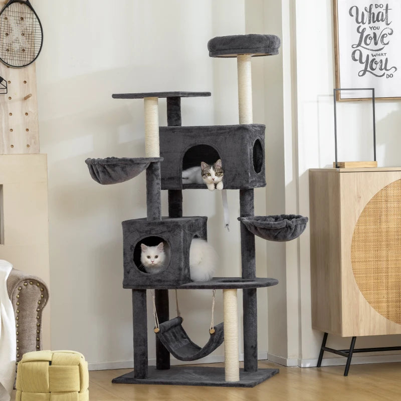 66 Inch Large Cat Tree with 2 Door Condos, 3 Big Hammocks, Plush Top Perch, Sisal Scratching Posts, Dark Grey