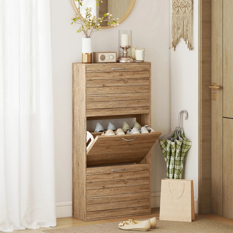 Shoe Storage Cabinet with 3 Flip Drawers, Narrow and Slim, 12 Pair of Shoes Organizer for Hallway, Entryway, Oak