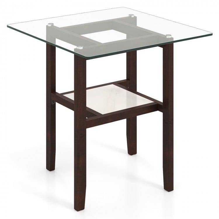 24 Inch 2-Tier Square Glass Coffee Table Center Table with Storage Shelf-Brown