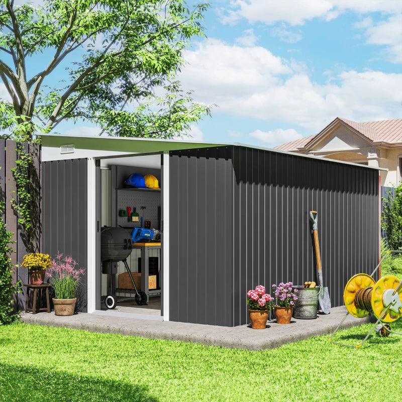 11' x 9' Steel Garden Storage Shed, Outdoor Metal Tool House with Double Sliding Doors, Dark Grey