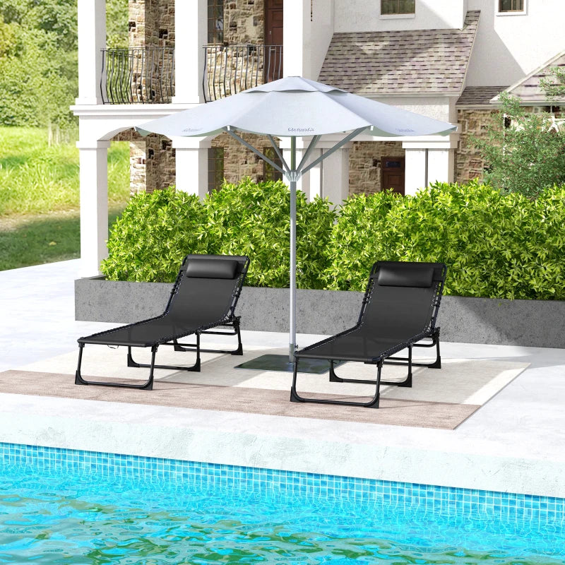 2pcs Folding Lounge Chair, Adjustable Chaise Lounge with Headrest, Reclining Lounger Cot for Camping, Black