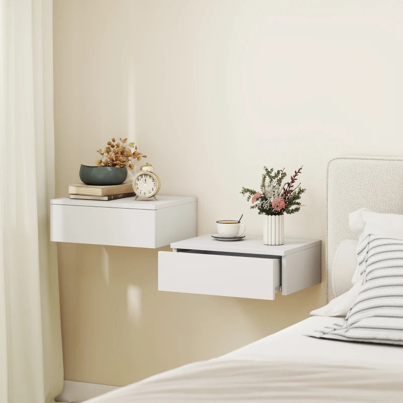 Set of 2 Wall Mounted Bedside Tables, Floating Nightstands with Drawer for Bedroom, White