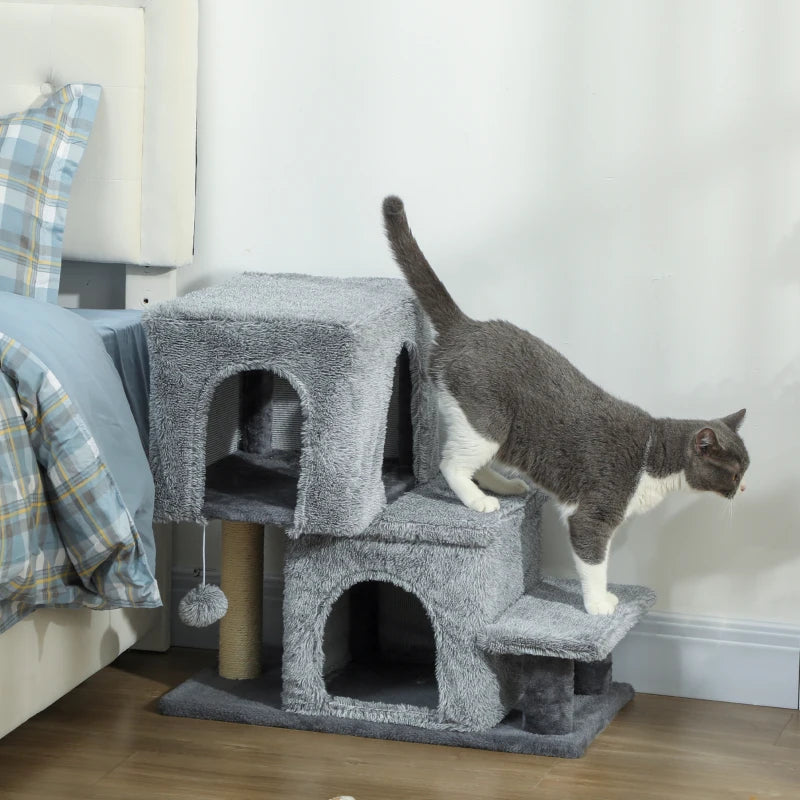 4-Step Pet Stairs, Adjustable Height Cat Stairs with Scratching Posts Cat Condo, Hanging Ball for High Bed, Grey