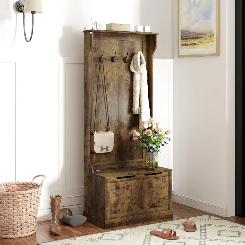 4-In-1 Hall Tree with Coat Rack, Top Shelf, Shoe Storage and Bench Seat, Entryway Bench with 4 Hooks, Rustic Brown
