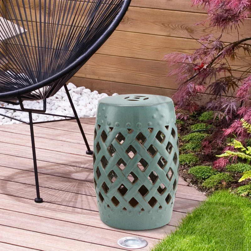 18" Ceramic Garden Stool with Woven Lattice Design, Indoor & Outdoor Decorative Accent Stool, Blue